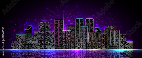 The colorful night city is celebrating, beautiful fireworks are exploding over the skyscrapers.