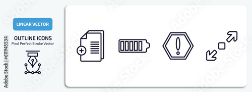 user interface outline icons set. user interface thin line icons pack included new file, charging status, exclamation button, enlarge vector.
