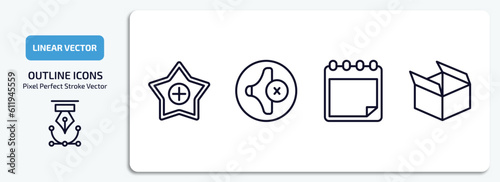 user interface outline icons set. user interface thin line icons pack included favourite, low volume, padnote, open box vector.