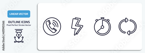 user interface outline icons set. user interface thin line icons pack included telephone call, lightining, hour, reload vector.