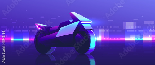 Night cyberpunk horizontal illustration of modern transport on city background. Futuristic sports neon motorcycle rides down the street.