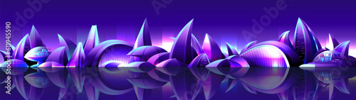 Horizontal futuristic landscape of the future. Modern unusual forms of the building of night city.