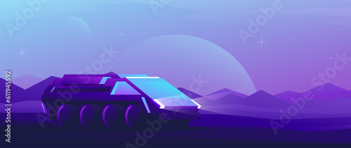 Futuristic planetary transport rides side view. Night horizontal illustration of modern transport on mountains background.