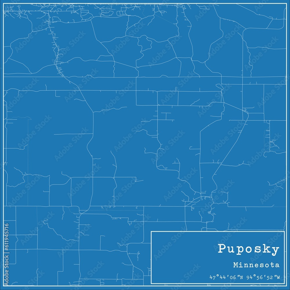 Blueprint US city map of Puposky, Minnesota.