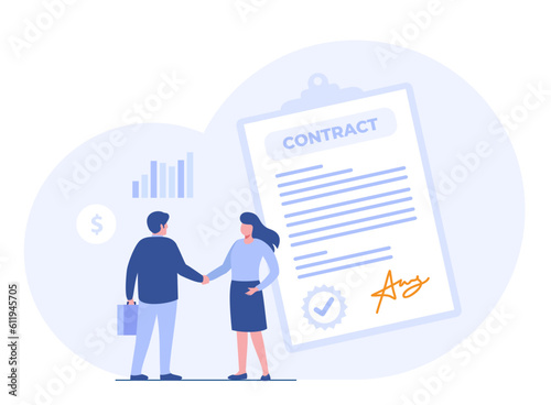 business contract concept, agreement illustration, teamwork and collaboration, partnership, business startup strategy, flat vector illustration banner