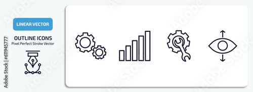 user interface outline icons set. user interface thin line icons pack included gear option, level, work tools, perspectives vector.
