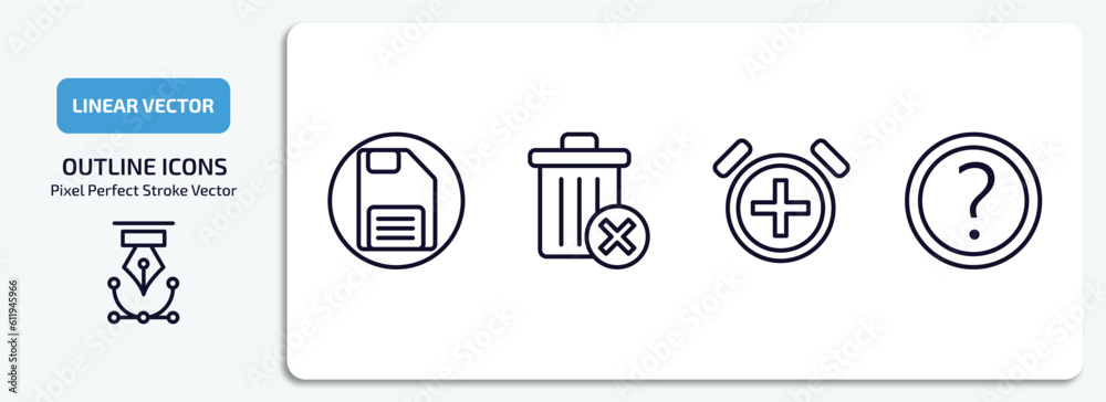 user interface outline icons set. user interface thin line icons pack included floppy disk save button, delete round button, alarm button, round help vector. user interface outline icons set. user interface thin line icons pack included floppy disk save button, delete round button, alarm button, round help vector.
