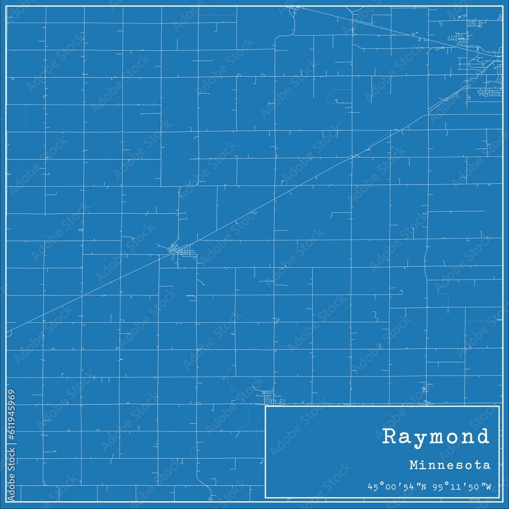 Blueprint US city map of Raymond, Minnesota.
