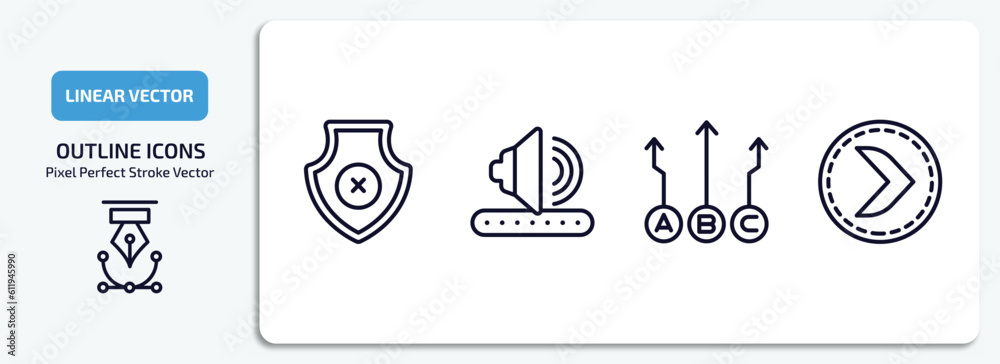 user interface outline icons set. user interface thin line icons pack included no protection, amplified speaker, abc item chart, right button vector. user interface outline icons set. user interface thin line icons pack included no protection, amplified speaker, abc item chart, right button vector.