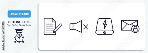 user interface outline icons set. user interface thin line icons pack included written paper, sound off, power bank, unlock envelope vector.