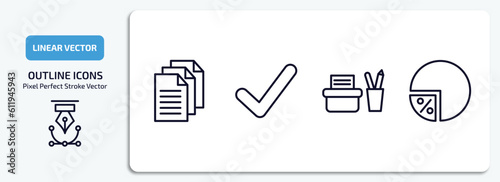 user interface outline icons set. user interface thin line icons pack included multiple file, tick mark, office material, percentage chart vector.