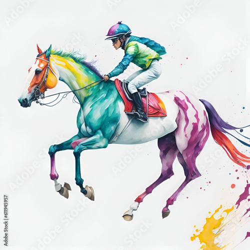 Abstract racing horse with jockey from splash of watercolors on white background