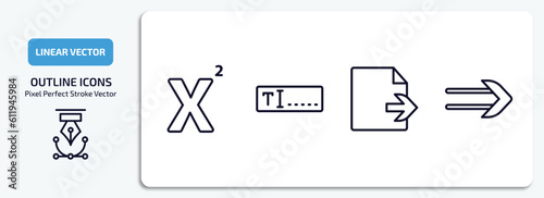user interface outline icons set. user interface thin line icons pack included superscript, text box, export archive, slim right vector.
