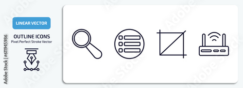 user interface outline icons set. user interface thin line icons pack included looking, list button, crop button, internet modem vector.