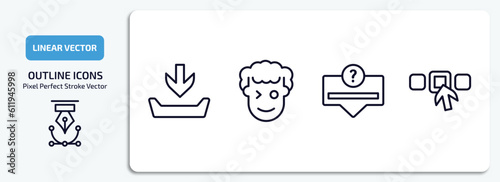 user interface outline icons set. user interface thin line icons pack included file inbox, smiles, question button, elections vector.