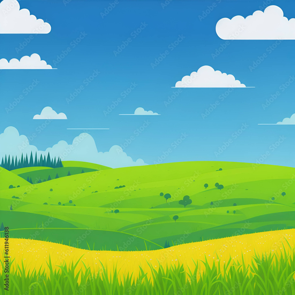 Summer fields, hills landscape, green grass, blue sky with clouds, flat style cartoon painting illustration.