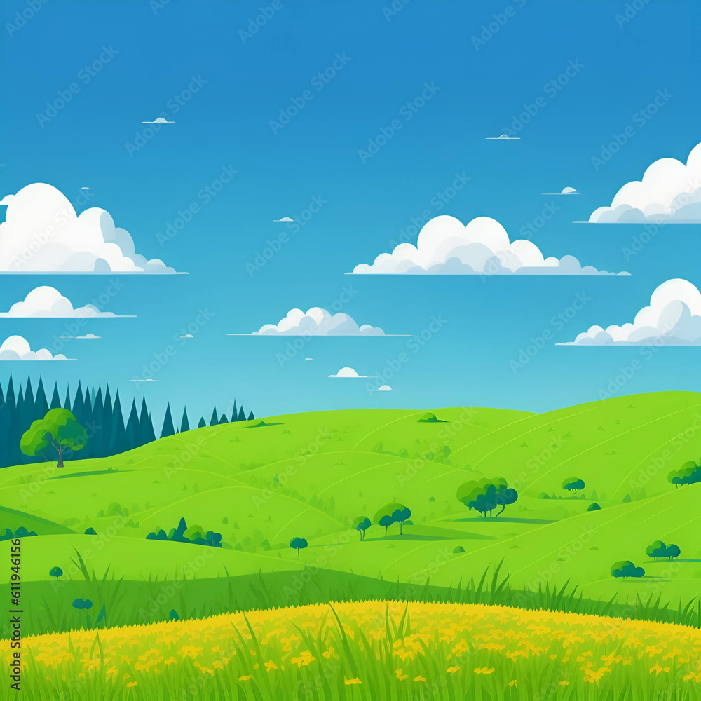 Summer fields, hills landscape, green grass, blue sky with clouds, flat style cartoon painting illustration. Summer fields, hills landscape, green grass, blue sky with clouds, flat style cartoon painting illustration.