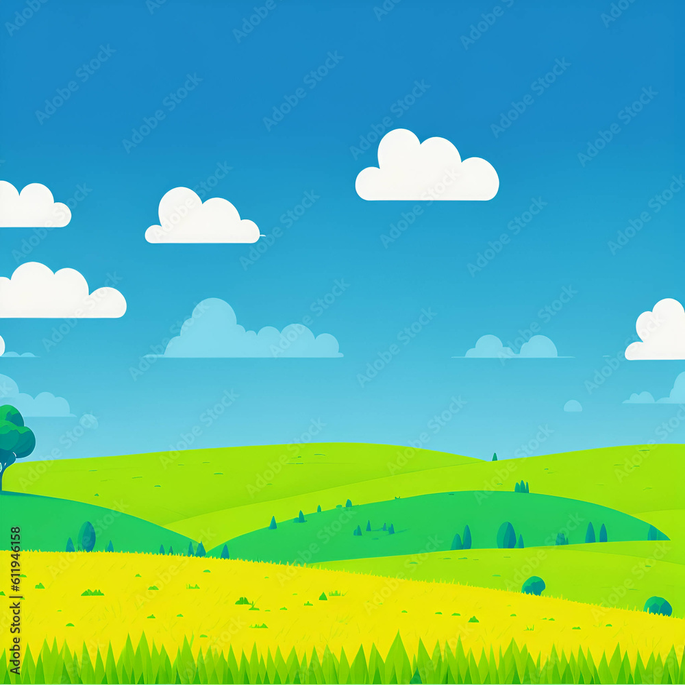 Summer fields, hills landscape, green grass, blue sky with clouds, flat style cartoon painting illustration. Summer fields, hills landscape, green grass, blue sky with clouds, flat style cartoon painting illustration.