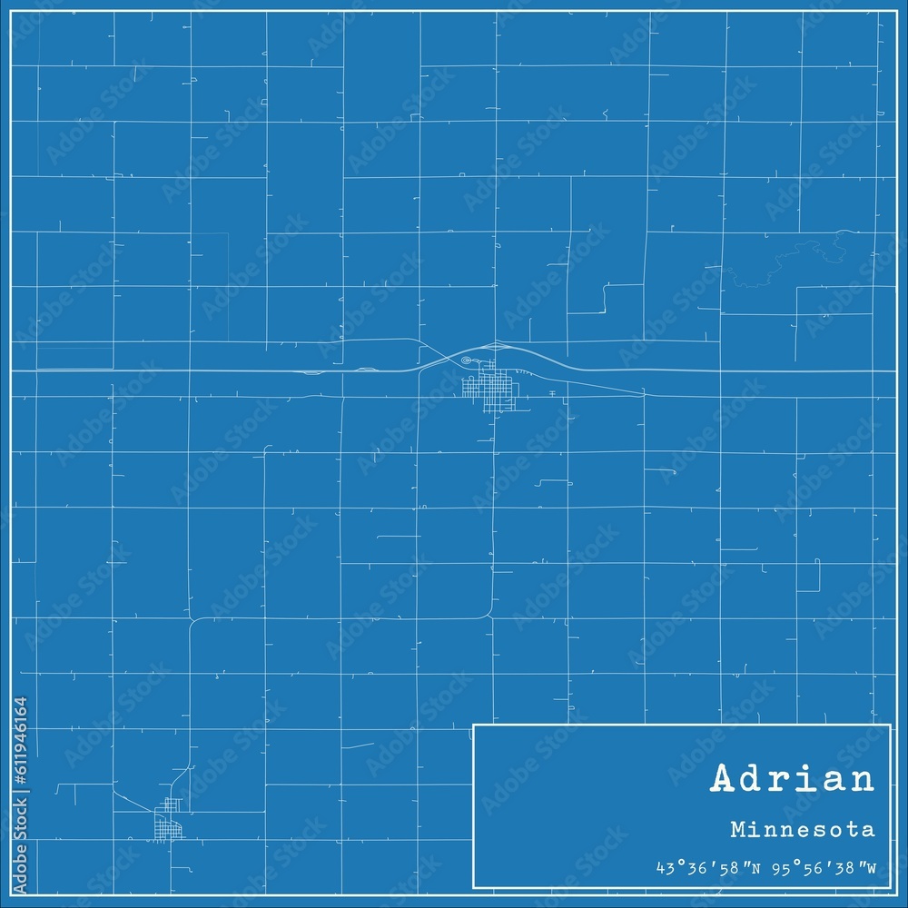 Blueprint US city map of Adrian, Minnesota.