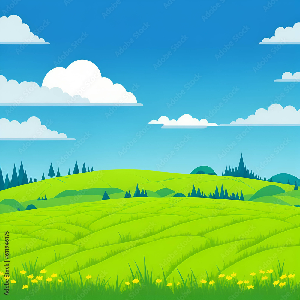 Summer fields, hills landscape, green grass, blue sky with clouds, flat style cartoon painting illustration.