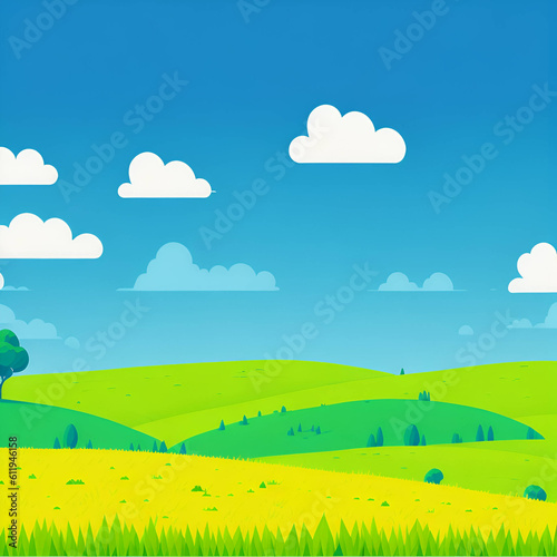 Summer fields  hills landscape  green grass  blue sky with clouds  flat style cartoon painting illustration.