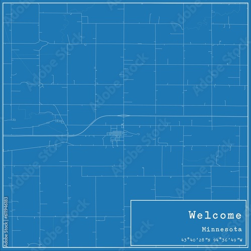 Blueprint US city map of Welcome, Minnesota.