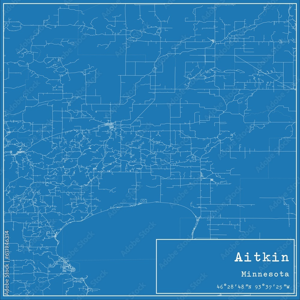 Blueprint US city map of Aitkin, Minnesota.