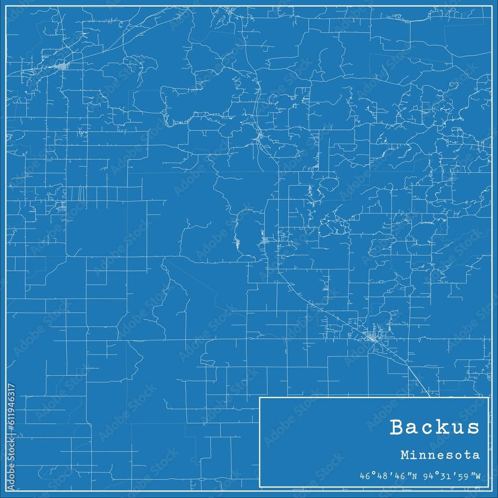 Blueprint US city map of Backus, Minnesota.