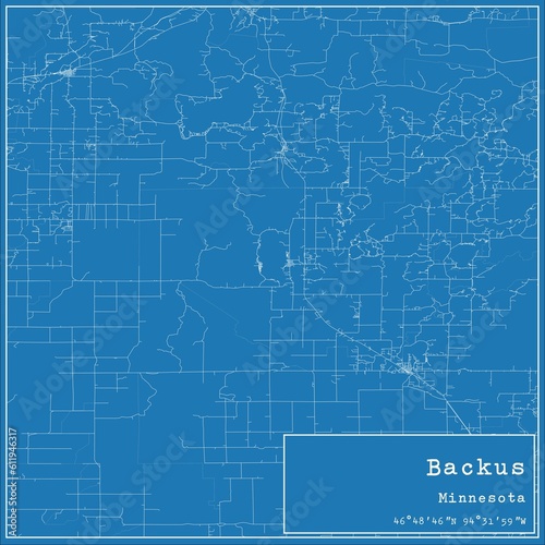 Blueprint US city map of Backus, Minnesota.