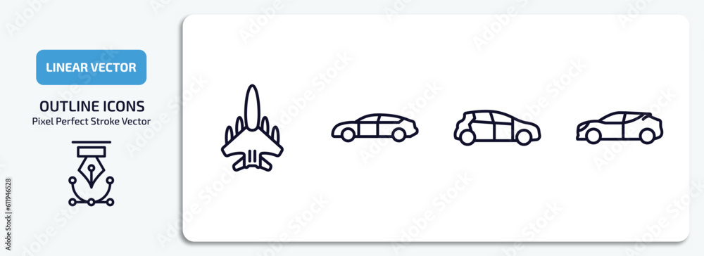 transportation outline icons set. transportation thin line icons pack included military airplane, automobile, compact car, hybrid car vector.