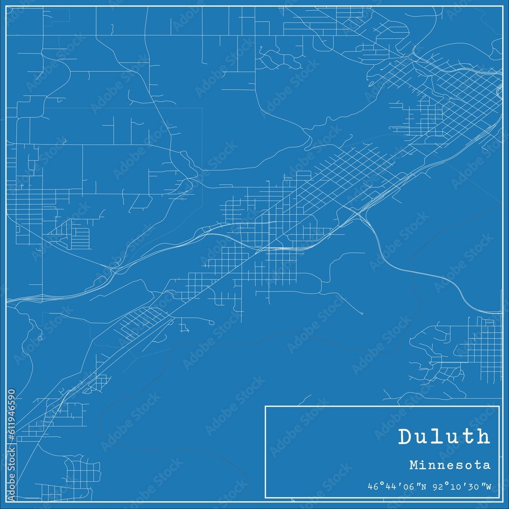 Blueprint US city map of Duluth, Minnesota.