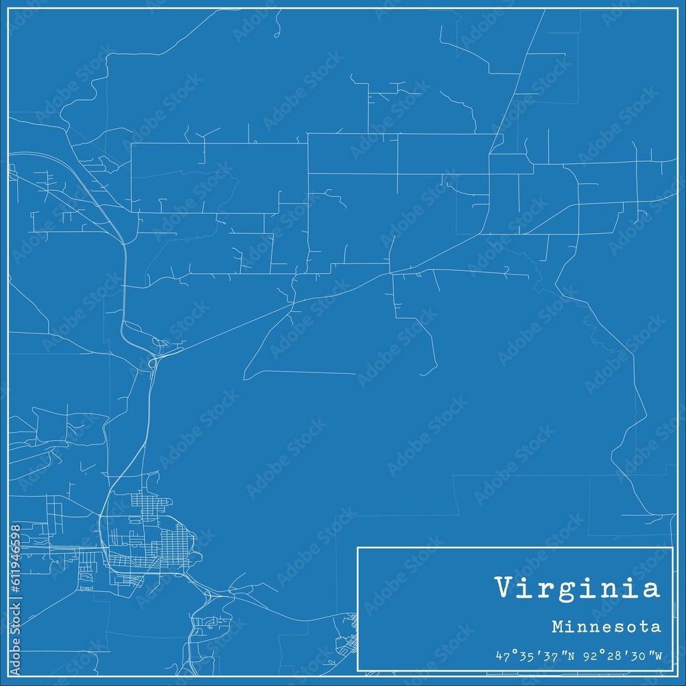 Blueprint US city map of Virginia, Minnesota.