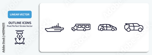 transportation outline icons set. transportation thin line icons pack included icebreaker ship, airport shuttle, people carrier, eco-friendly transport vector.