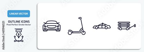 transportation outline icons set. transportation thin line icons pack included car frontal view, kick scooter, police car, wagon vector.