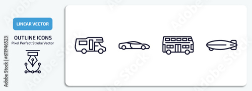 transportation outline icons set. transportation thin line icons pack included camper car, sport car, double decker bus, dirigible vector. photo