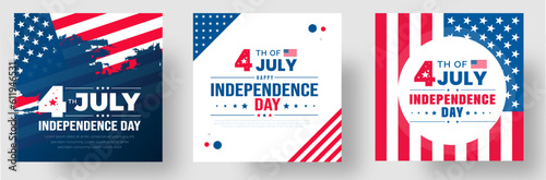 4th of July United States Independence Day celebration promotion advertising social media post banner, sticker, background, poster, card design set. Independence day USA festive decoration. usa flag