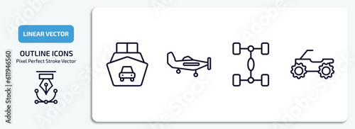 transport outline icons set. transport thin line icons pack included ferry carrying cars, light aircraft, chassis, quad bike vector.