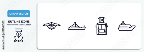 transportation outline icons set. transportation thin line icons pack included hang glider, pt boat, tram front view, cruiser vector.