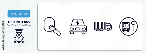 transport outline icons set. transport thin line icons pack included hands free device, electro car, trucking, school bus stop vector.
