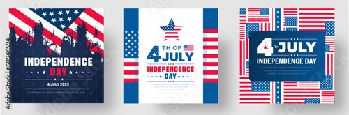 4th of July United States Independence Day celebration promotion advertising social media post banner, sticker, background, poster, card design set. Independence day USA festive decoration. usa flag