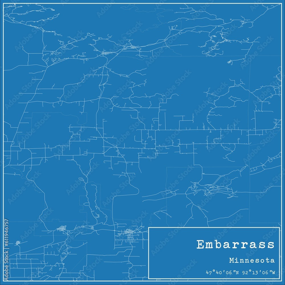 Fototapeta premium Blueprint US city map of Embarrass, Minnesota.