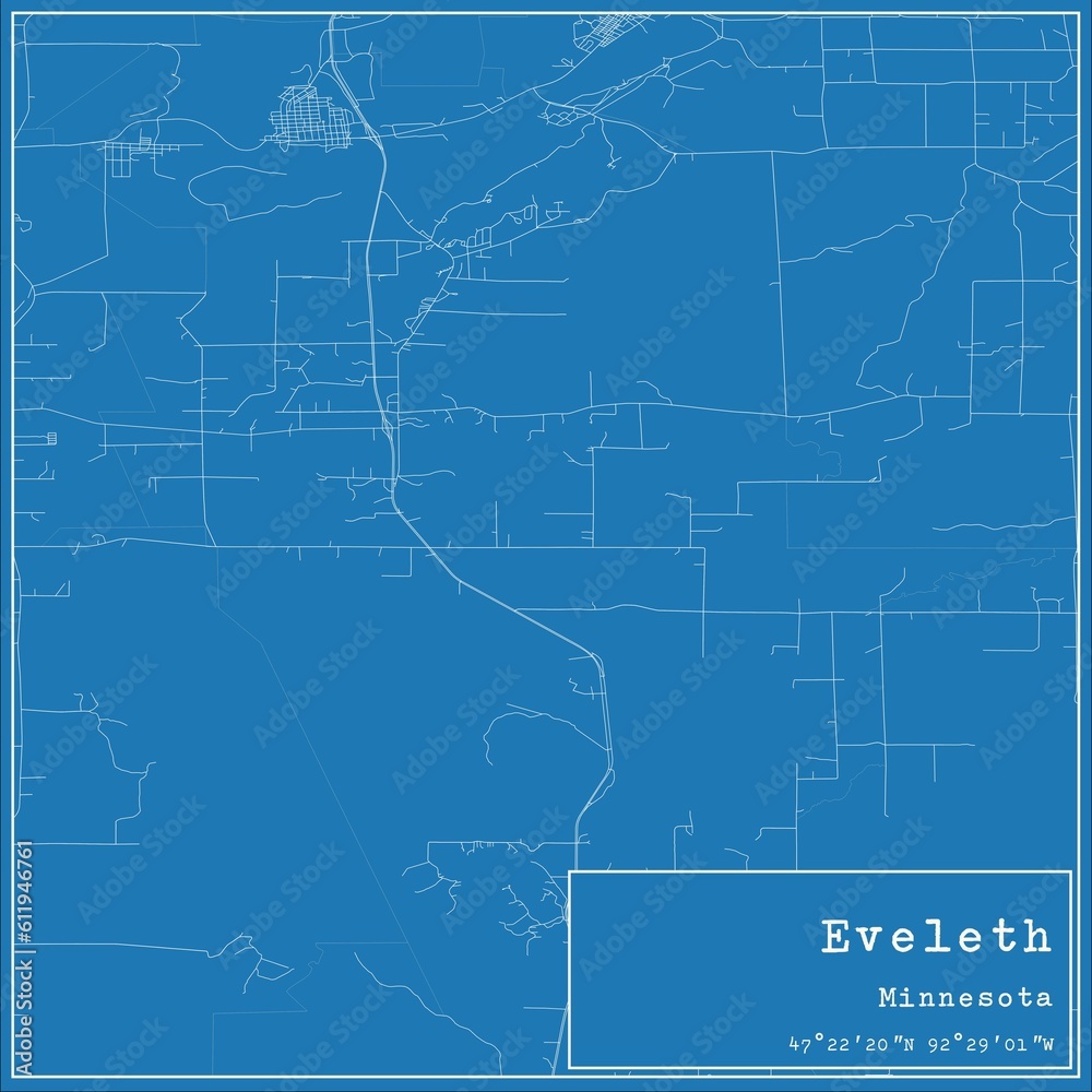 Blueprint US city map of Eveleth, Minnesota.