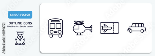 transport outline icons set. transport thin line icons pack included bus front with driver, small helicopter, plane tickets, long car vector.