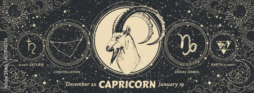 Capricorn zodiac sign, modern astrology banner with symbols, hand drawn line art illustration on black decorative background with sun and moon, vector horoscope. Vintage card.