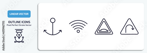 traffic signs outline icons set. traffic signs thin line icons pack included port, , hump, left hair pin vector.