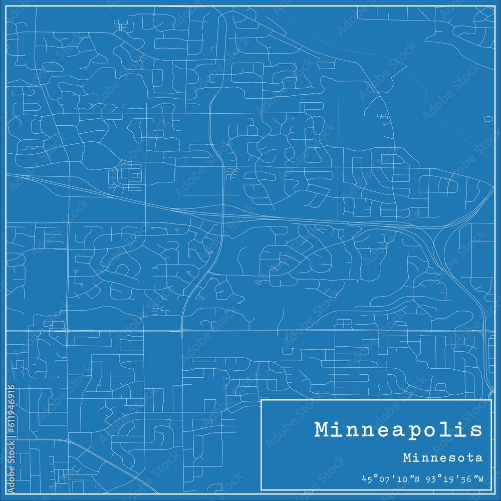 Blueprint US city map of Minneapolis, Minnesota.