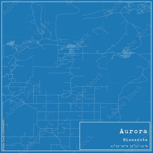 Blueprint US city map of Aurora, Minnesota.