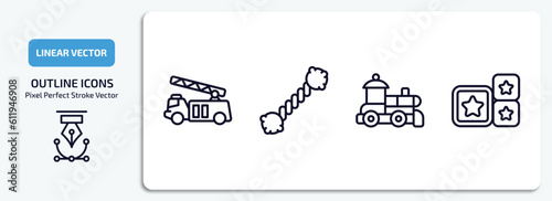 toys outline icons set. toys thin line icons pack included fire truck toy, puppy toy, train toy, cubes vector.