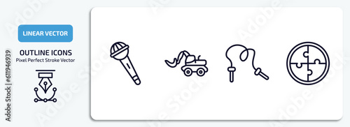 toys outline icons set. toys thin line icons pack included microphone toy, digger toy, skipping rope toy, puzzle vector.