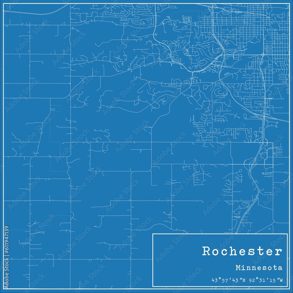 Blueprint US city map of Rochester, Minnesota.